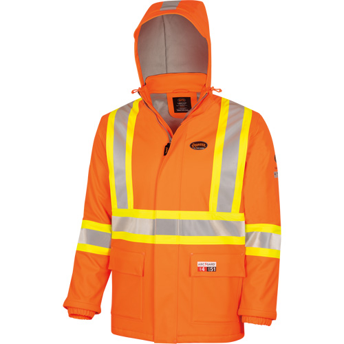 5884 Manteau imperm&eacute;able ignifuge et r&eacute;sistant aux arcs &eacute;lectriques avec capuchon Flash-Gard, Petit, Orange haute visibilit&eacute;, 51 cal/cm² Auto-Cam