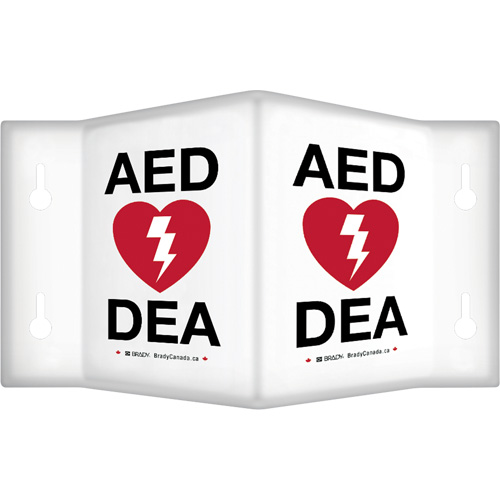 90° Projecting "AED/DEA" Sign, 6" x 5", Plastic, Bilingual with Pictogram Auto-Cam