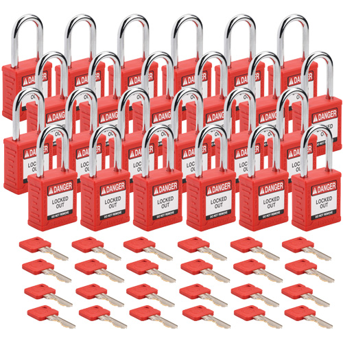 Velocity Lockout Padlocks, Red, Keyed Alike, Nylon, 1-1/2" Width Auto-Cam