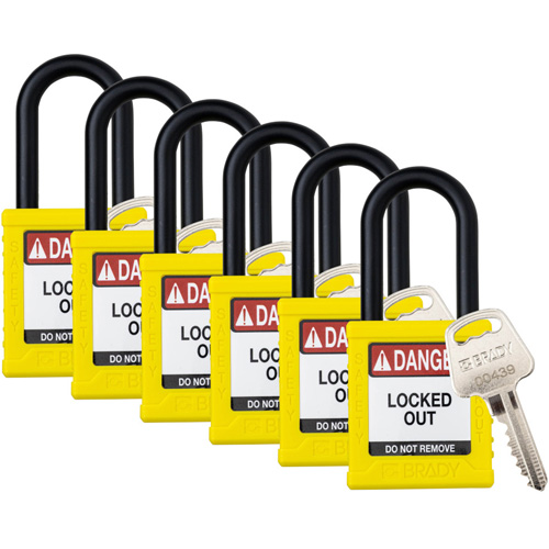 Velocity Lockout Padlocks, Yellow, Keyed Alike, Nylon, 1-1/2" Width Auto-Cam