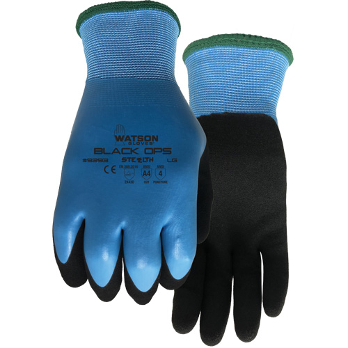 Gants hydrofuges Stealth Black Ops, Taille Petit, Calibre 15, Rev&ecirc;tement Latex de caoutchouc, Enveloppe en Fibre de verre/Polyester, ASTM ANSI niveau A4 Auto-Cam