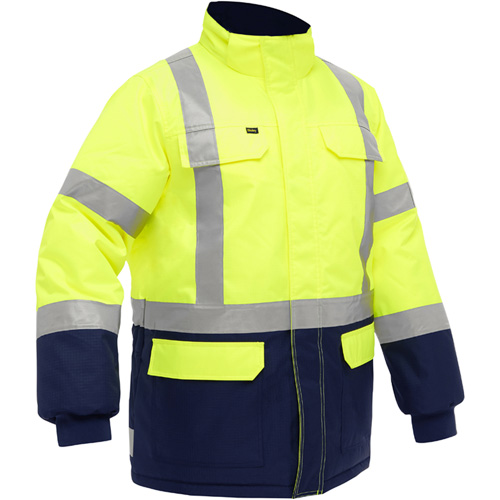 Manteau pour le froid extr&ecirc;me avec bas bleu marin et X au dos Bisley, Polyester, Jaune lime haute visibilit&eacute;, 2T-Grand Auto-Cam