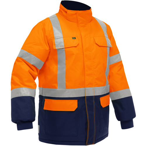 Manteau pour le froid extr&ecirc;me avec bas bleu marin et X au dos Bisley, Polyester, Orange haute visibilit&eacute;, 4T-Grand Auto-Cam