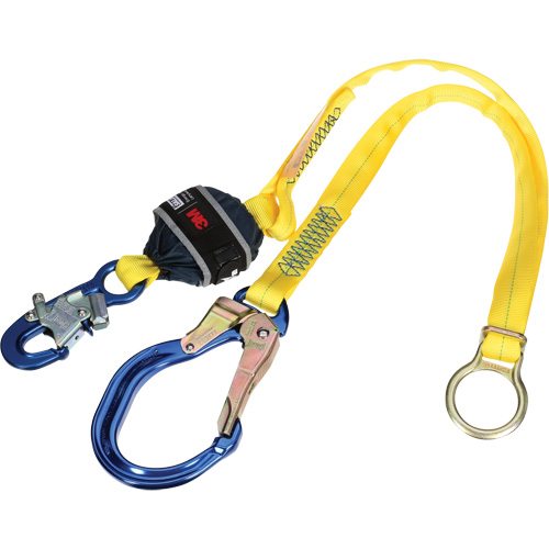 Tie-Back Web Shock-Absorbing Lanyard, 6', Rebar Hook Center, Snap Hook Leg Ends, Polyester Auto-Cam