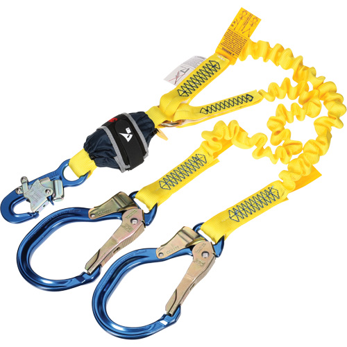 Twin-Leg Stretch Web Shock-Absorbing Lanyard, 6', Rebar Hook Center, Snap Hook Leg Ends Auto-Cam