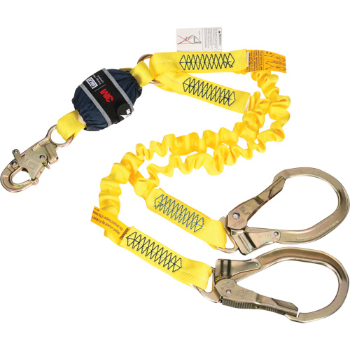Twin-Leg Stretch Web Shock-Absorbing Lanyard, 6', Rebar Hook Center, Snap Hook Leg Ends Auto-Cam