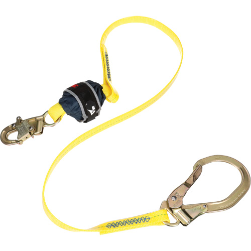 Coated Web Shock-Absorbing Lanyard, 6', Rebar Hook Center, Snap Hook Leg Ends Auto-Cam