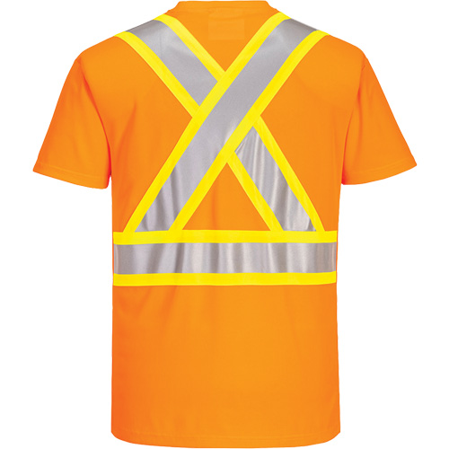 Contrast-Striped Safety T-Shirt, Polyester, Small, High Visibility Orange Auto-Cam