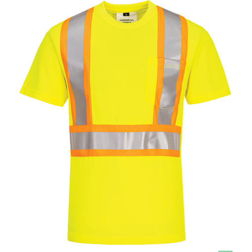 Contrast-Striped Safety T-Shirt, Polyester, Small, High Visibility Lime-Yellow Auto-Cam