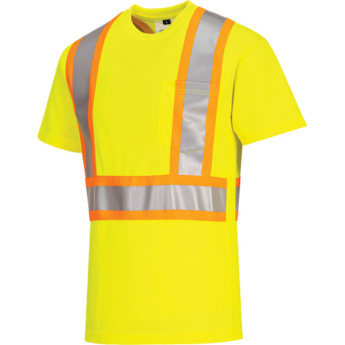 Contrast-Striped Safety T-Shirt, Polyester, Small, High Visibility Lime-Yellow Auto-Cam
