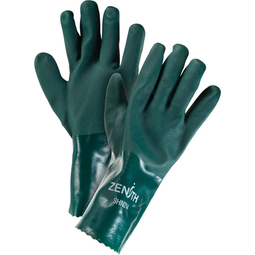 Double Dipped Green Gloves, 12" L, PVC, Cotton Jersey Inner Lining, 70-mil Auto-Cam
