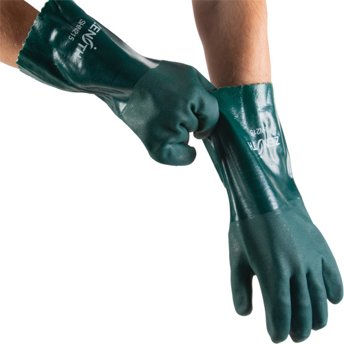 Double Dipped Green Gloves, 14" L, PVC, Cotton Jersey Inner Lining, 70-mil Auto-Cam