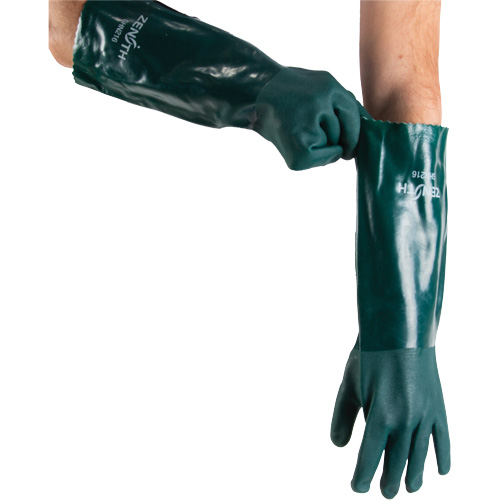 Double Dipped Green Gloves, 18" L, PVC, Cotton Jersey Inner Lining, 70-mil Auto-Cam