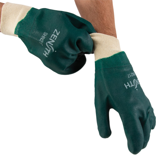 Double Dipped Green Gloves, 10" L, PVC, Cotton Jersey Inner Lining, 70-mil Auto-Cam