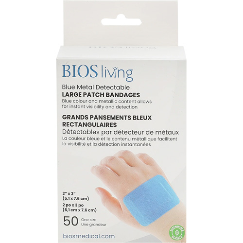 Blue Large Patch Bandages, Rectangular/Square, 3", Fabric Metal Detectable, Sterile Auto-Cam