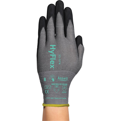Gants r&eacute;sistants &agrave; la coupe HYFLEX 11-574, Taille Moyen/8, Calibre 21, Rev&ecirc;tement Mousse de nitrile, Enveloppe en Intercept, ASTM ANSI niveau A4/EN 388 niveau D Auto-Cam