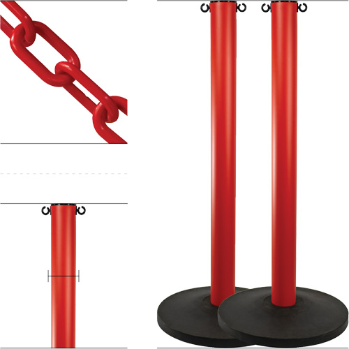 Industrial Stanchion Kit with Plastic Chain, 37" High, Red Auto-Cam