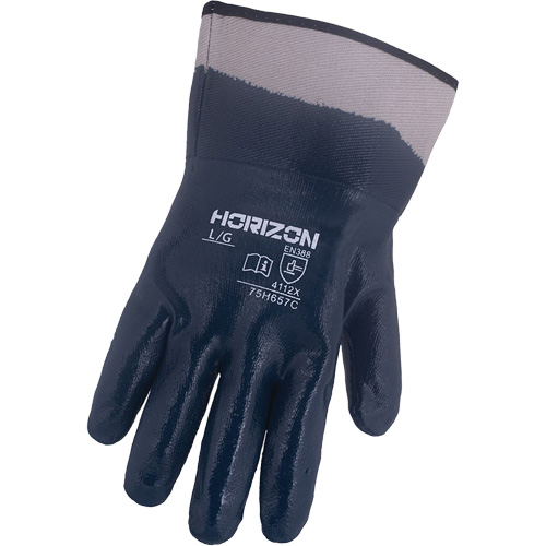 Gants bleu marine avec manchettes renforc&eacute;es &agrave; entoilage coll&eacute; Horizon, Grand, R&ecirc;vetement Nitrile, Enveloppe en Jersey/Coton Auto-Cam
