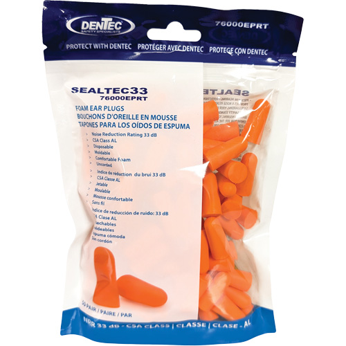 SEALTEC33 Orange Disposable Foam Earplugs, Bulk - Polybag Auto-Cam