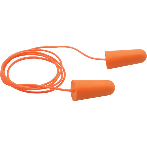 Bouchons d'oreilles coniques jetables en mousse de PU orange SEALTEC33, Avec cordon, Vrac - Boîte, 33 dB NRR, Taille unique Auto-Cam