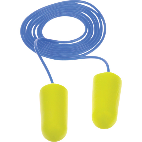 Bouchons d'oreilles n&eacute;on jaune E-A-Rsoft, Vrac - Sac en poly, Avec cordon Auto-Cam