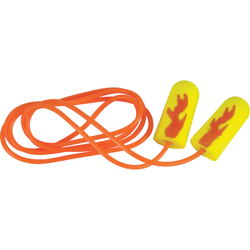 Bouchons d'oreilles &eacute;clat n&eacute;on jaune E-A-Rsoft, Vrac - Sac en poly, Avec cordon Auto-Cam