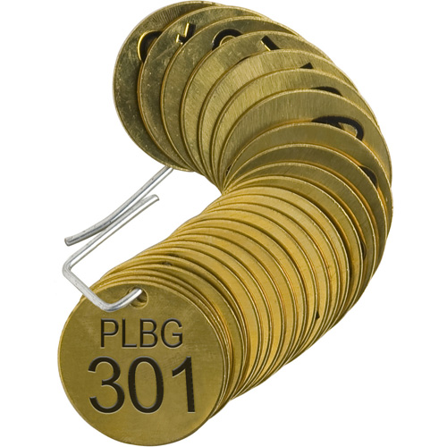 Numbered "PLPG" Valve Tags, # 301-325, Brass, 1.5" dia Auto-Cam