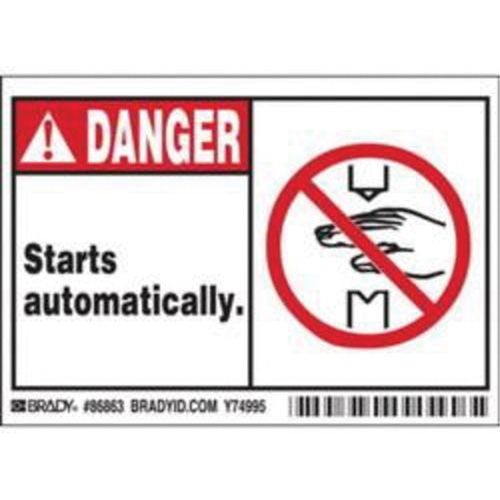 "Danger Starts Automatically" Sign, 3-1/2" x 5", Polyester, English with Pictogram Auto-Cam