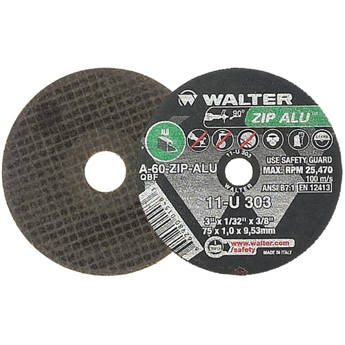 ZIP ALU Cutting Wheel, 3" x 1/32", 3/8" Arbor, Type 1, Aluminum Oxide, 25470 RPM Auto-Cam