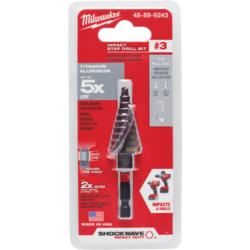 #3 Shockwave Impact Duty Step Drill Bit, 3/16" - 3/4" , 1/16" Increments, Titanium Auto-Cam