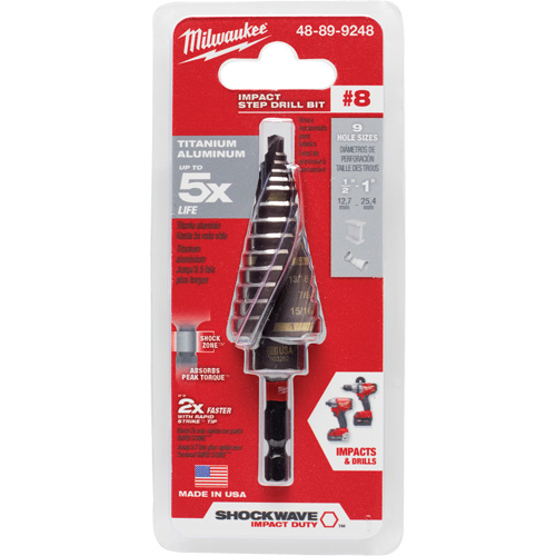 #8 Shockwave Impact Duty Step Drill Bit, 1/2" - 1" , 1/16" Increments, Titanium Auto-Cam