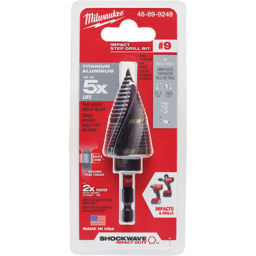 #9 Shockwave Impact Duty Step Drill Bit, 7/8" - 1-1/8" , 1/4" Increments, Titanium Auto-Cam