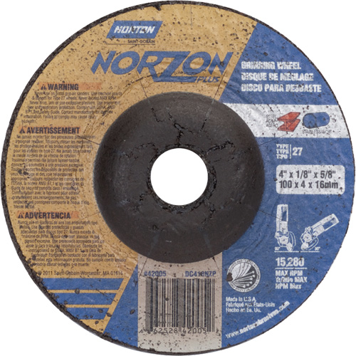 NorZon Plus SGZ Grinding Wheel, 4" x 1/8", 5/8" Arbor, Ceramic Alumina, Type 27 Auto-Cam