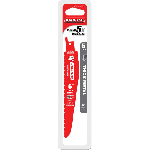 Reciprocating Blade for Thick Metal/Demolition, Bi-Metal, 8-10 TPI, 6" L Auto-Cam
