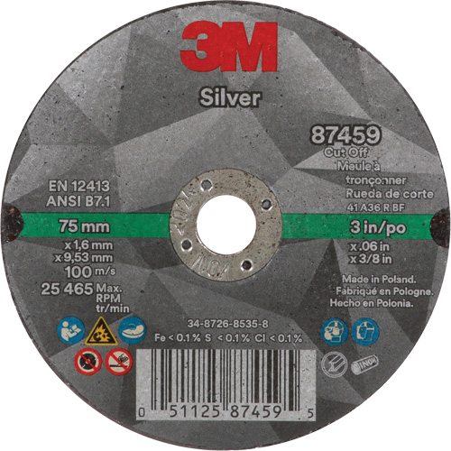 Silver Cut-Off Wheel, 3" x 0.06", 3/8"-24 Arbor, Type 1, Ceramic, 25645 RPM Auto-Cam