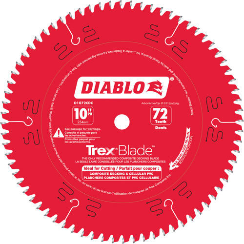 Trex&reg; Blade Cutting Saw Blade, 10", 72 Teeth, Plastic/Composite Decking Use Auto-Cam