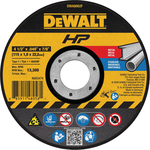 HP Metal Cut-Off Wheel, 4-1/2" x 0.04", 7/8" Arbor, Type 1, Aluminum Oxide, 13300 RPM Auto-Cam