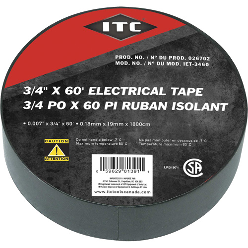 IET-3460 Ruban isolant, Ruban &eacute;lectrique, Rubans isolant, 19 mm (3/4") x 18,28 m (60'), Noir Auto-Cam