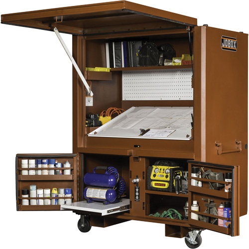 Coffre de chantier et surface de travail sur le terrain, 33" la x 63" p x 80" h, Acier, Rouge Auto-Cam