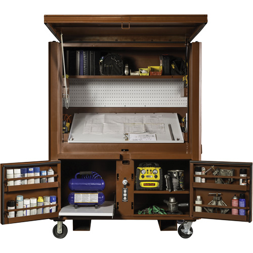 Coffre de chantier et surface de travail sur le terrain, 33" la x 63" p x 80" h, Acier, Rouge Auto-Cam