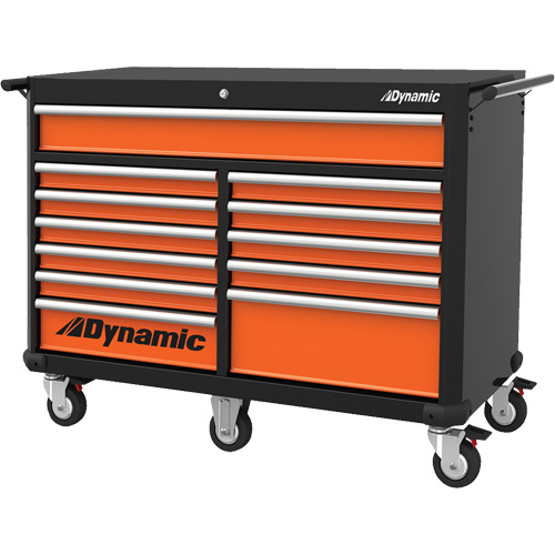 Roller Cabinet, 12 Drawers, 53" W x 24" D x 41" H, Black/Orange Auto-Cam