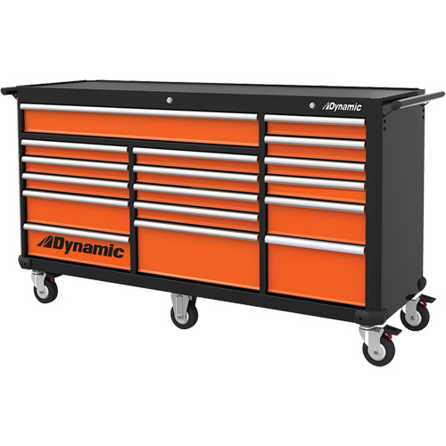 Roller Cabinet, 17 Drawers, 71" W x 24" D x 41" H, Black/Orange Auto-Cam