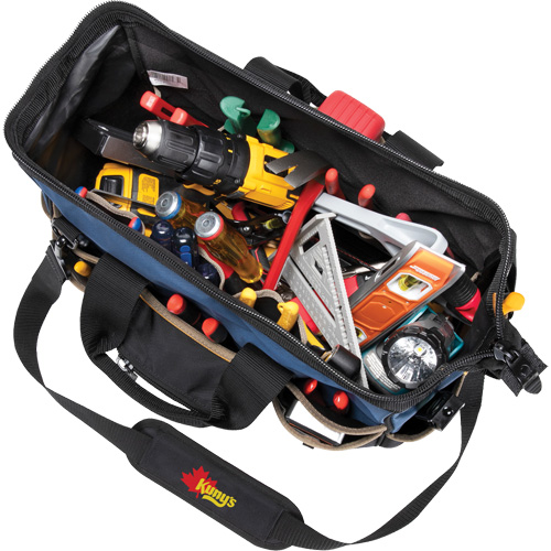 Molded Base Big-Mouth Tote Tool Bag, Ballistic Polyester, 23 Pockets, Black/Blue Auto-Cam