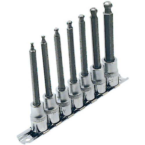 LHSW-3807 SAE 4" Long Ball Nose Socket Set, Hex Ball, 3/8" Drive, 7 Pcs Auto-Cam