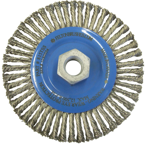 Wire Wheel Brushes, 5-7/8" Dia., 0.02" Fill, 5/8"-11 Arbor, Stainless Steel Auto-Cam