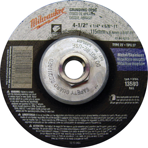 Meule, 4-1/2" x 1/4", Arbre 5/8"-11, Oxyde d'aluminium, Type 27 Auto-Cam