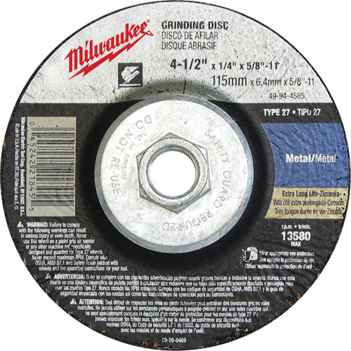 Grinding Wheel, 4-1/2" x 1/8", 5/8"-11 Arbor, Aluminum Oxide, Type 27 Auto-Cam