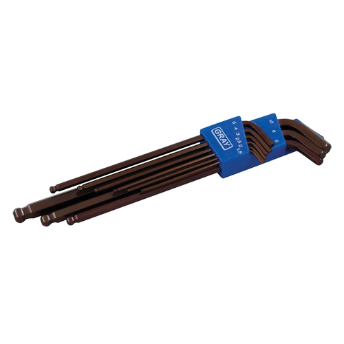 Extra Long Arm Ball Hex Key Set, 9 Pcs., Metric Auto-Cam