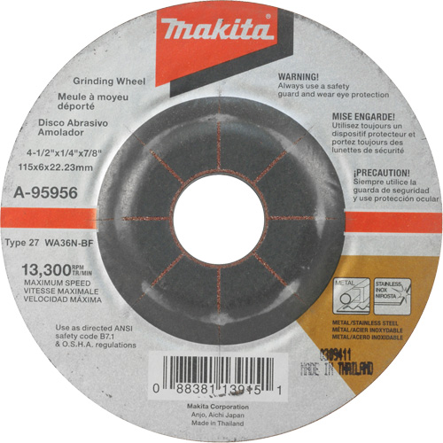 Meule inox, 4-1/2" x 1/4", Arbre 7/8", Oxyde d'aluminium, Type 27 Auto-Cam