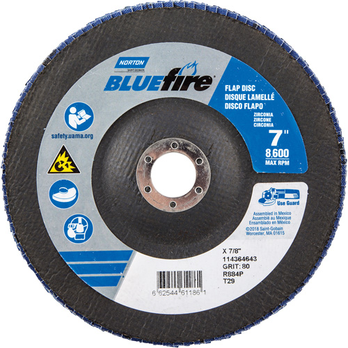 BlueFire R884P Coarse Grit Flap Disc, 7" x 7/8", Type 27, 80 Grit, Zirconia Alumina Auto-Cam